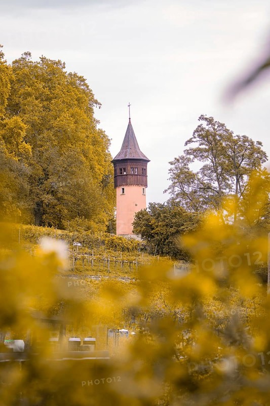 Single tower rises out of autumn landscape with orange-coloured trees, Mainau Island, Lake Constance, Germany