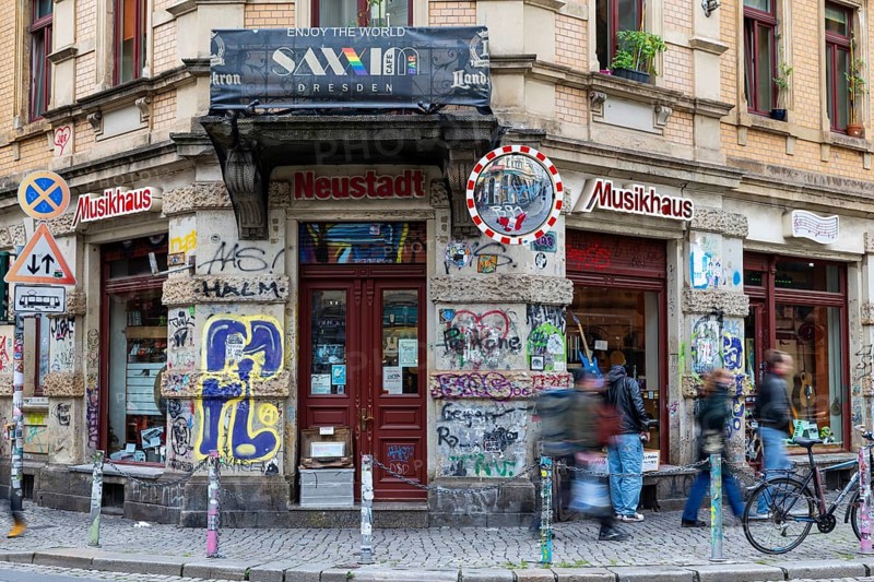 Entrance area of the Musikhaus in the trendy Neustadt neighbourhood, Dresden, Saxony, Germany