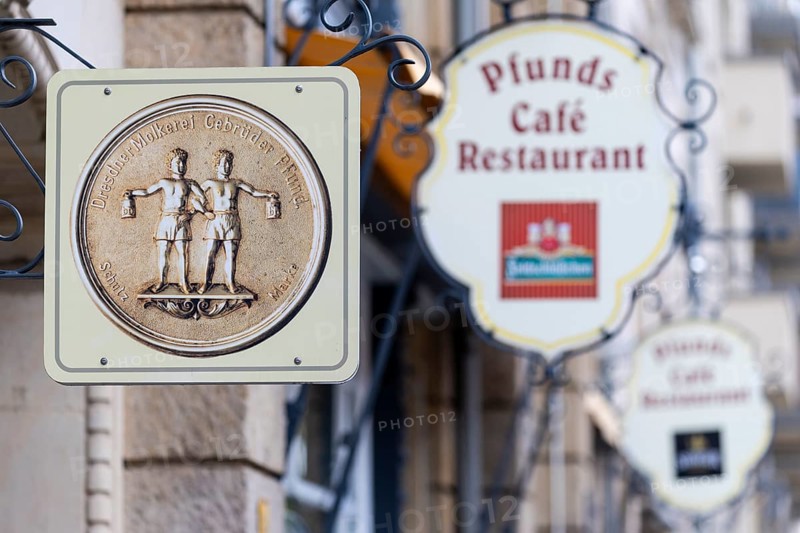 Façade signs on the Pfunds dairy, Neustadt, Dresden, Saxony, Germany