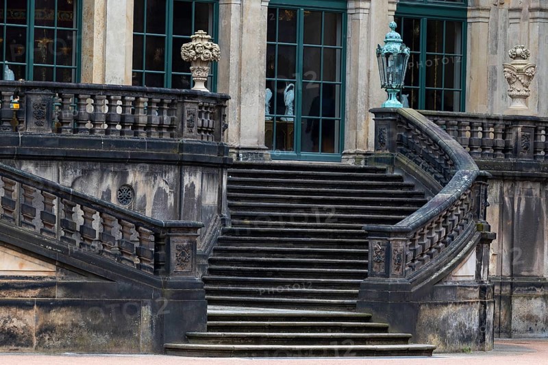 Massive stone staircase in the inner courtyard of the Residenzschloss, Old Town, Dresden, Saxony, Germany