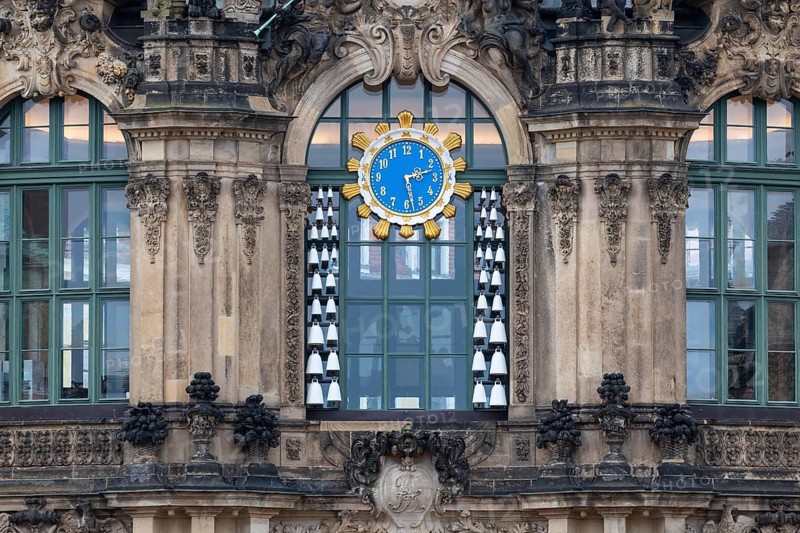 Wall clock in the inner courtyard of the Residenzschloss, Old Town, Dresden, Saxony, Germany