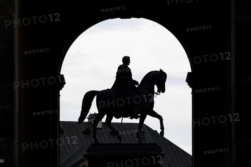 King John Monument through an archway of the Residenzschloss, Old Town, Dresden, Saxony, Germany