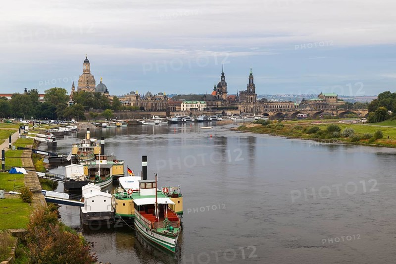 Old town skyline with Brühl's Terraces, Academy of Fine Arts, Church of Our Lady, Sanctissimae Trinitatis Cathedral, Residential Palace, Higher Regional Court, Semper Opera House, paddle steamer on the Elbe, Augustus Bridge, Old Town, Dresden, Saxony, Germany