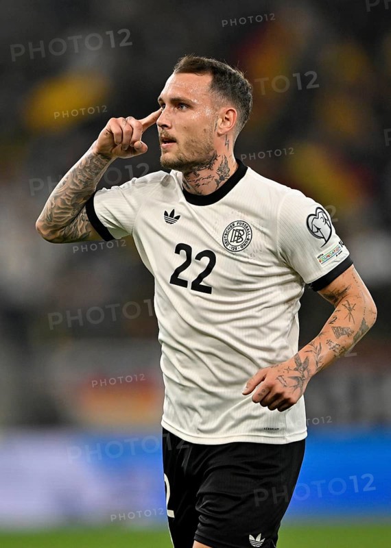 Goal celebration David Raum GER (22) Gesture Gesture World Cup qualifier, international match, Germany v Luxembourg, PreZero Arena, Sinsheim, Baden-Württemberg, Germany