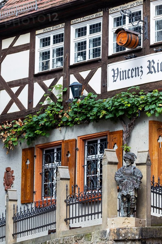 Vincenz Richter wine house, half-timbered house, shutters, wine barrel, market square, old town, Meissen, Saxony, Germany