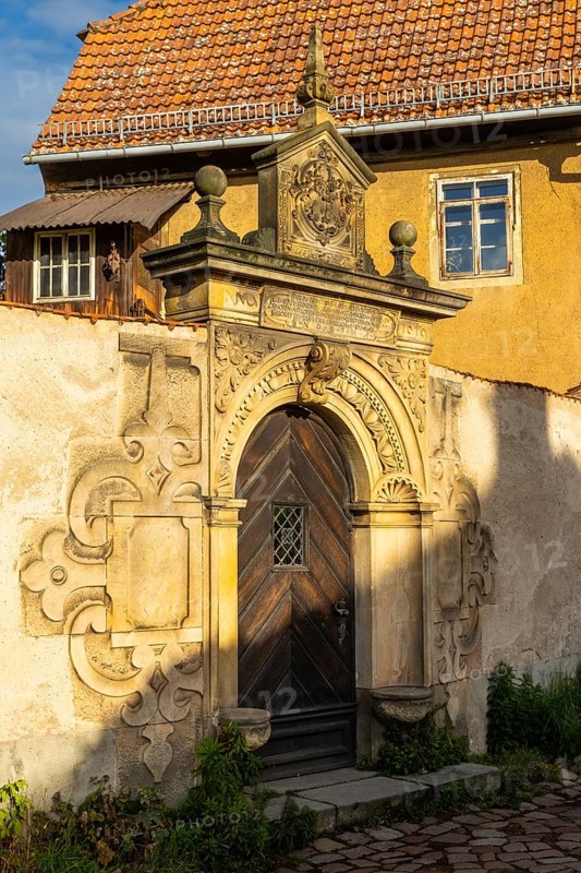 Wooden door, Museum Jahnaischer Hof, Old Town, Meissen, Saxony, Germany