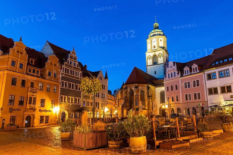 Market Square, Market Pharmacy, Church of Our Lady, Blue Hour, Old Town, Meissen, Saxony, Germany