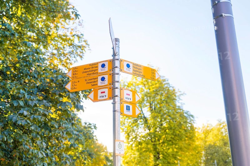 Yellow signposts in front of autumnal trees and a sunny sky with directions, Überlingen, Lake Constance, Germany