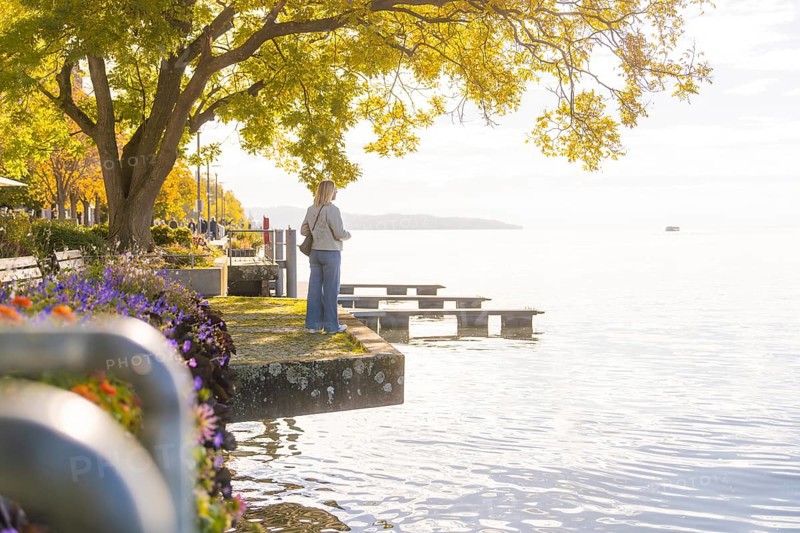 A woman stands on the lakeshore, surrounded by trees and flowers, while the scenery is bathed in warm sunlight, Überlingen, Lake Constance, Germany