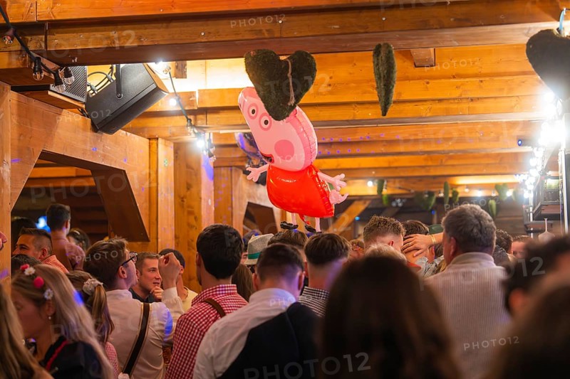 Crowd in a venue with wooden elements and decorations, Cannstatter Wasen folk festival, Stuttgart, Germany