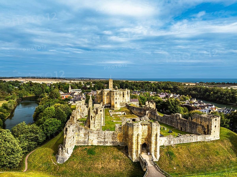 Warkworth Castle over River Coquet from a drone, Warkworth, Northumberland, England, United Kingdom