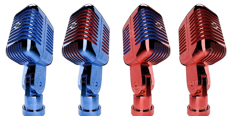 Red and blue classic vintage microphone set isolated on a white background