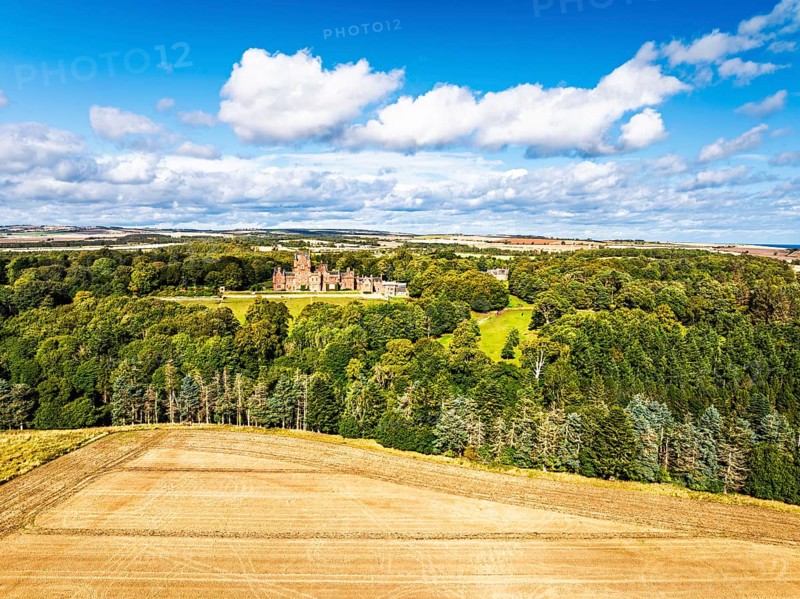 Ayton Castle from a drone, Ayton, Eyemouth, Scottish Borders, Scotland, UK