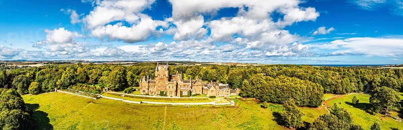 Panorama of Ayton Castle from a drone, Ayton, Eyemouth, Scottish Borders, Scotland, UK