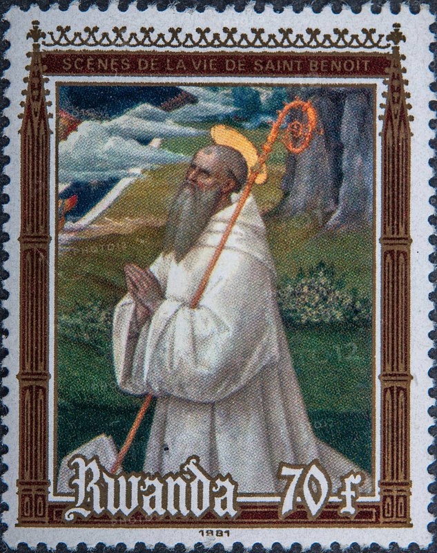 Benedict of Nursia (480-543), monk and founder of the Benedictine Order. Portrait on Rwandan postage stamp