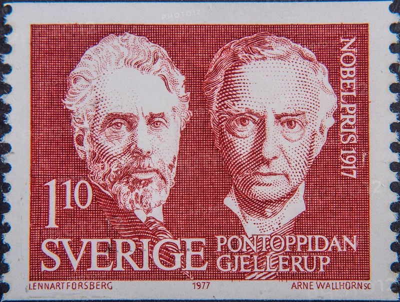 Henrik Pontoppidan (1857-1943) and Karl Gjellerup (1857-1919), both Danish authors who together received the Nobel Prize in Literature in 1917. Portrait on Swedish postage stamp