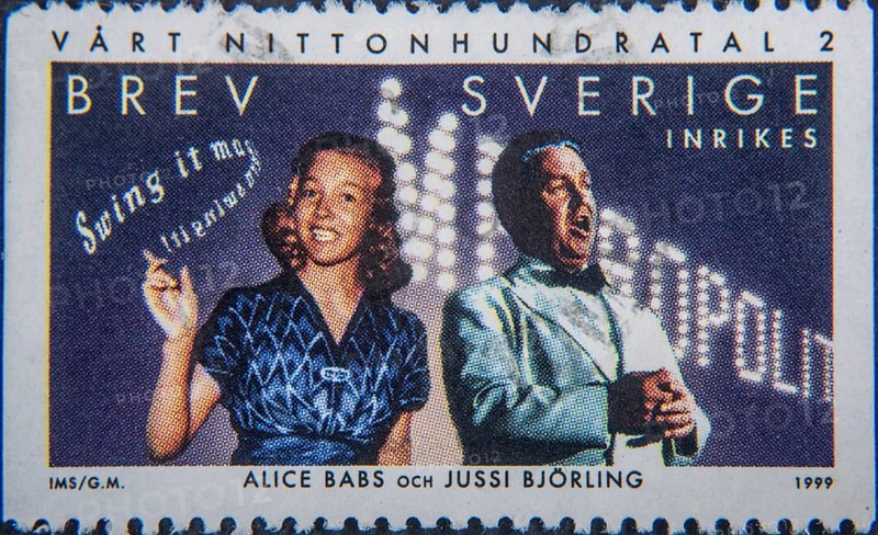 Alice Babs (1924-2014) and Jussi Björling (1911-1960), two famous Swedish singers. Portrait on Swedish postage stamp