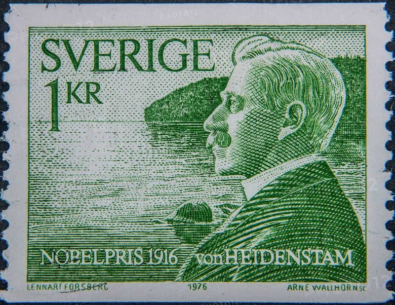 Verner von Heidenstam (1859-1940) was a Swedish writer and poet. He was a member of the Swedish Academy from 1912 to 1940 and was awarded the Nobel Prize in Literature in 1916. Portrait on a Swedish stamp