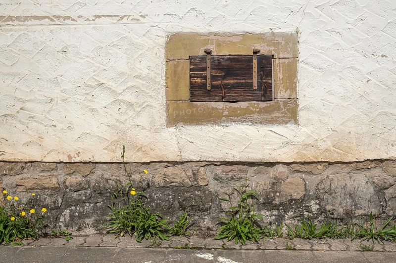 Cellar window with wooden shutter, Göcklingen, Southern Palatinate, Palatinate, Rhineland-Palatinate, Germany
