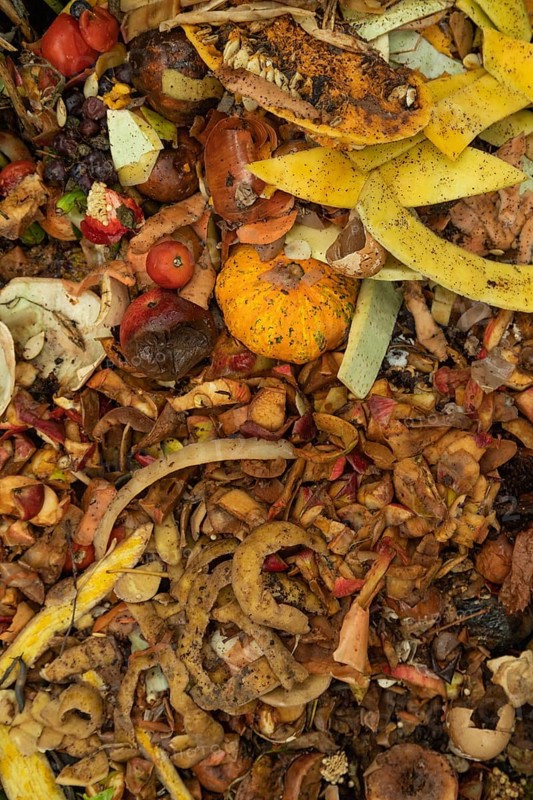 Compost pile made of organic food, leaves, vegetable and fruit Waste mix, Zero waste and Eco friendly Recycling concept