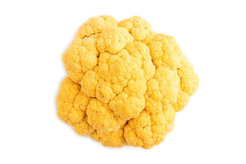 Yellow Cauliflower isolated on white background. Top view, copy space, flat lay. healthy food, vegetable, minimalism