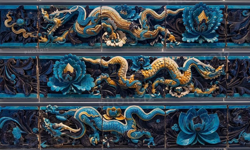 Blue and yellow glazed tiles with depictions of dragons, Ming dynasty, Shanxi province, British Museum, London, London region, England, Great Britain
