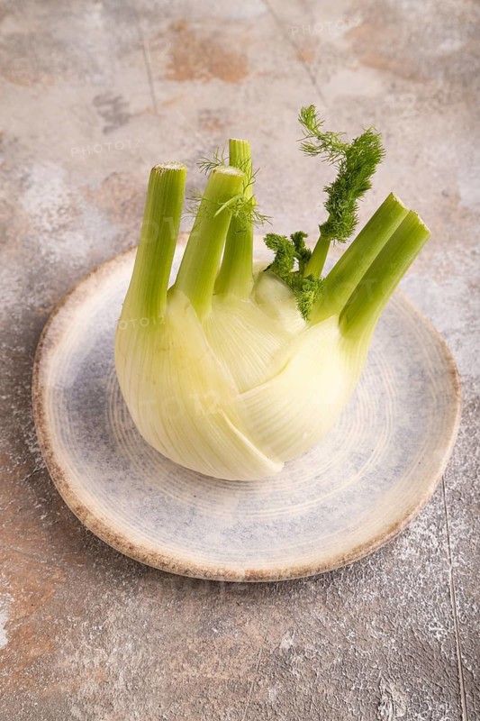 Fresh Fennel bulb on blue plate on brown concrete background, side view, copy space, minimalism