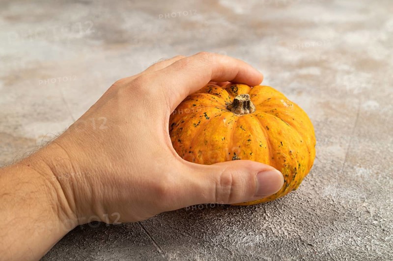Orange Pumpkin with hand on gray concrete background. Side view, healthy food, vegetable, minimalism