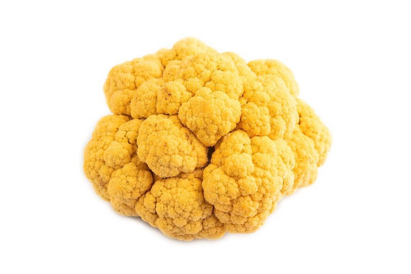 Yellow Cauliflower isolated on white background. Side view, copy space. healthy food, vegetable, minimalism