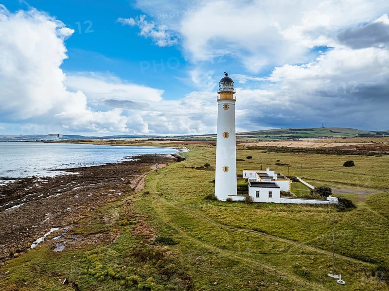 Barns Ness Lighthouse from a drone, Dunbar, East Lothian, Scotland, UK