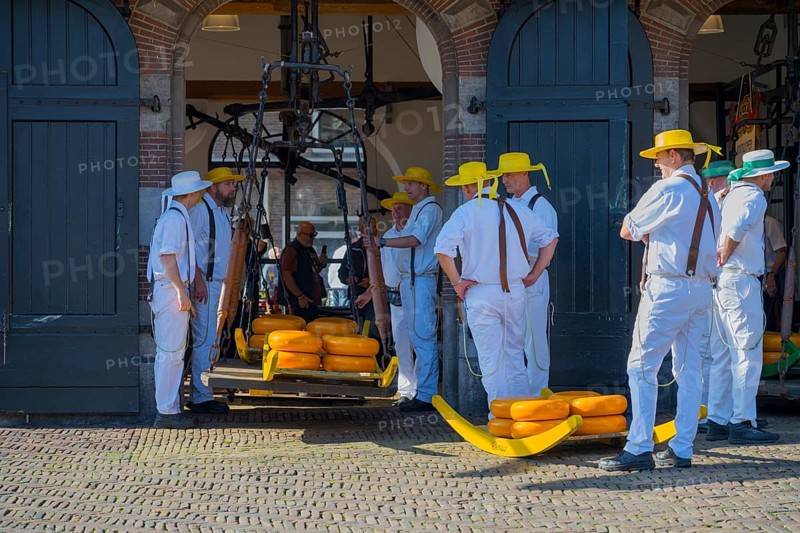 Männer mit gelben Hüten tragen Käse auf einem historischen Markt zur ehemaligen Stadtwaage, Käse wiegen, Käseträger, Käse, Käsemarkt, Alkmaar, Alkmar, Noord-Holland, Nordholland, Niederlande