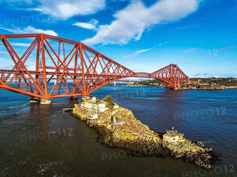 Inch Garvie Castle from a drone, Forth Bridge, Queensferry Crossing, Forth Estuary, Scotland, United Kingdom