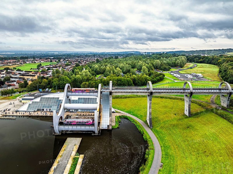 Filkirk Wheel from a drone, Forth and Clyde Canal, Falkirk, Scotland, UK
