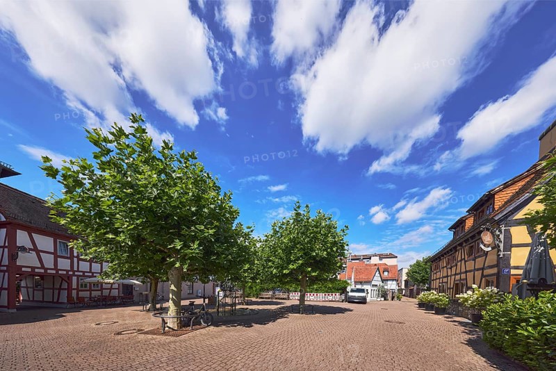 Platz, Fachwerkhäuser, Restaurant Die Scheuer, Gehweg aus Betonpflastersteinen, Bäume, blauer Himmel, Cumuluswolken, Kreuzung zwischen Tivertonplatz, Burgstraße, Burggrabenstraße und Taubengasse, Hofheim am Taunus, Main-Taunus-Kreis, Hessen, Deutschland