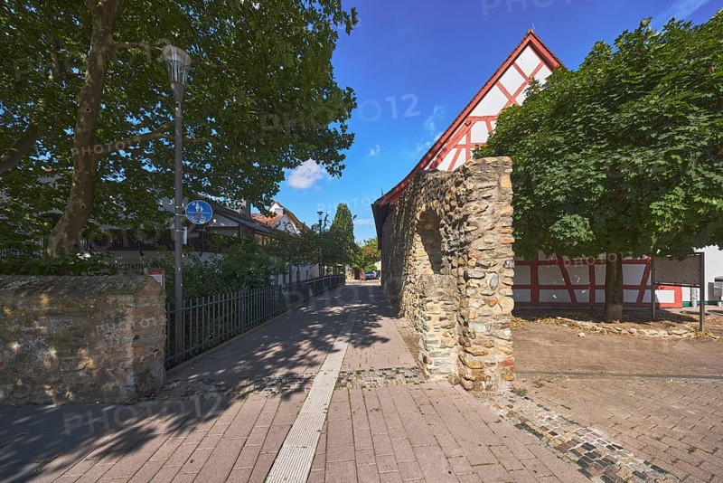 Altstadt, Gasse, historische Stadtbefestigung, Stadtmauer, Bäume, Fachwerkhaus, Fußweg und Radweg, Verkehrsschild gemeinsamer Geh- und Radweg, Gehweg aus Betonpflastersteinen, blauer Himmel, Cirrostratuswolken, Hofheim am Taunus, Main-Taunus-Kreis, Hessen, Deutschland