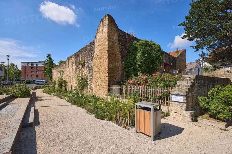 Haus der Jugend, Altes Wasserschloss, Altstadt, Stadtbefestigung, Stadtmauer, Burg, Laterne, Gartenanlage, Blumenbeete, Holzzaun, Sitzbänke, öffentlicher Mülleimer, Weg, allgemeine Architektur, blauer Himmel, Cumuluswolken, Cirrostratuswolken, Burgstraße, Hofheim am Taunus, Main-Taunus-Kreis, Hessen, Deutschland