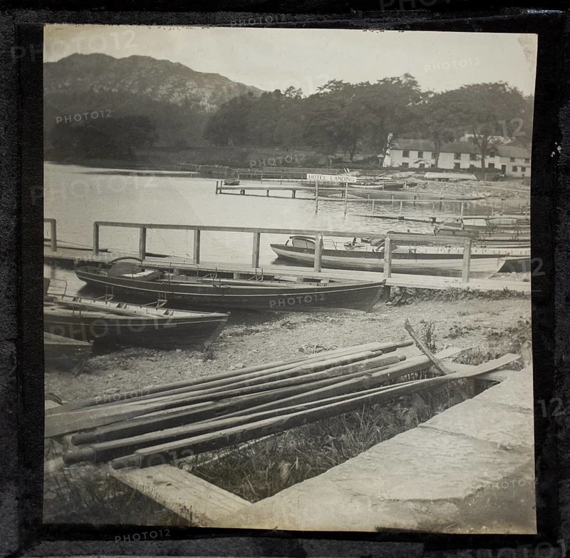 Jetties for landing boats, Lake Windermere at Waterhead, Ambleside, Lake District, Cumbria, England, UK c 1900