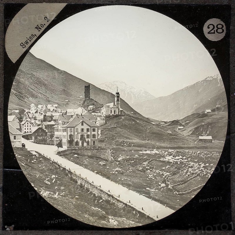 Magic lantern slide of Hotel Pension Meyerhof in village of Hospenthal, Switzerland, circa 1900