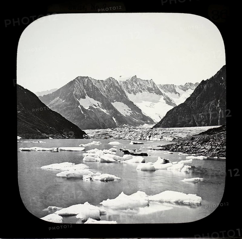 Magic lantern slide of Alpine glacier in Switzerland Le lac de Märjele, Aletschhorn, Märjele Lake, Aletschhorn mid 1800s