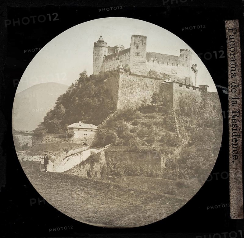 Magic lantern view Hohensalzburg fortress, Panorama de la Résidence, Salzburg, Austria 1868