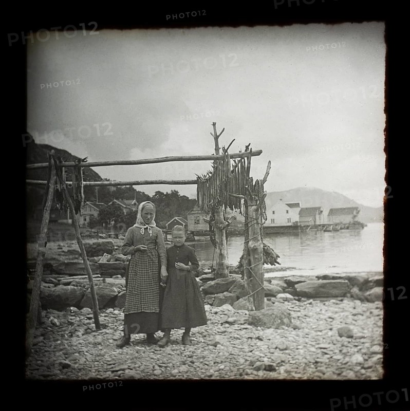 Magic lantern slide of mother and daughter standing by wooden frame of cod fish drying with village in background, Norway, c 1900
