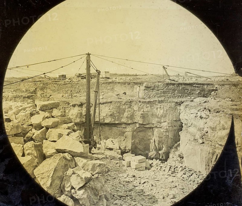 Magic lantern slide of quarrying possibly limestone in Dorset, England, UK circa 1900