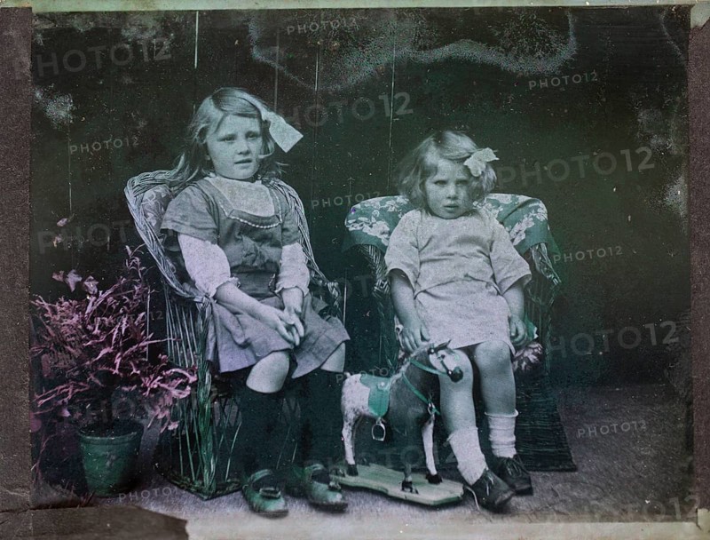 Paget process colourised magic lantern slide family portrait of two young girls presumably sisters circa 1900
