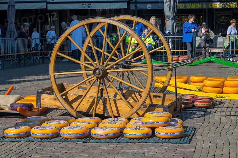 Wooden wagon with large wheels on a market square in the sunshine, wooden wagon wheel with crate for transporting cheese, cheese, cheese market, Alkmaar, Alkmar, Noord-Holland, North Holland, Netherlands