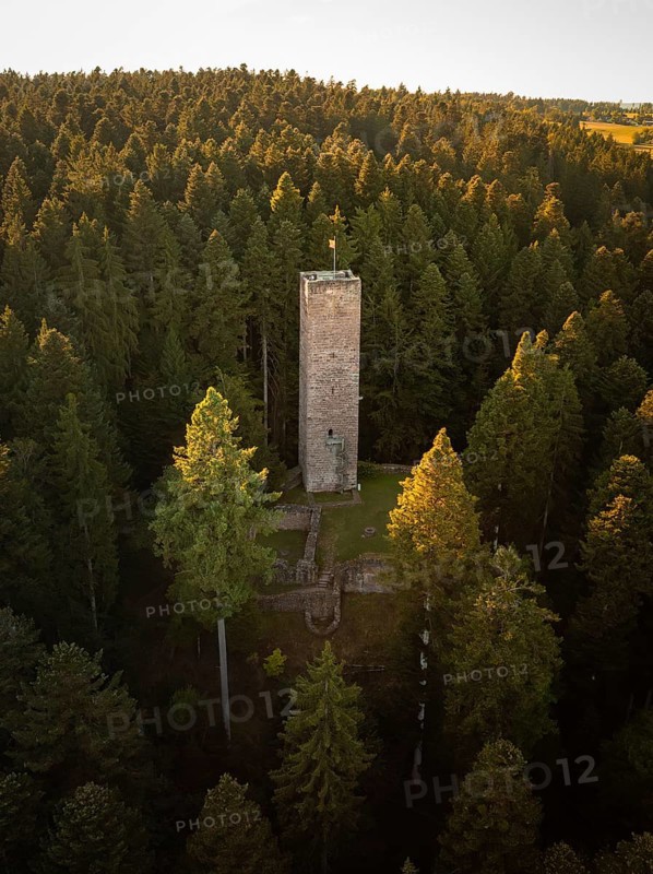 A stone observation tower rises up between tall trees, surrounded by soft twilight, Mandelberg castle ruins, Pfalzgrafenweiler, Germany