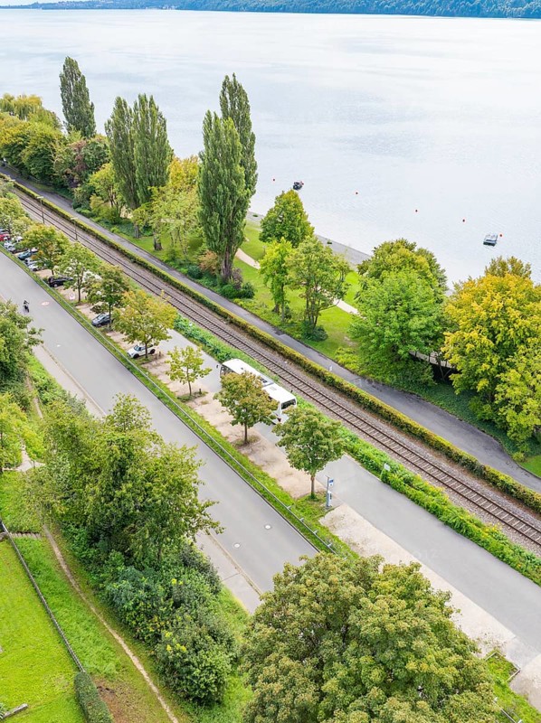 Road and parallel railway line next to a lake, surrounded by trees, Lake Constance Germany