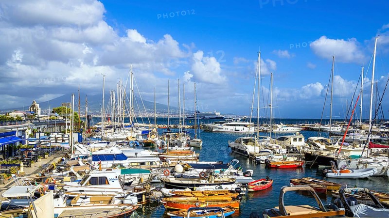 Marina in Naples with Mount Vesuvius in backround, Campania, Italy