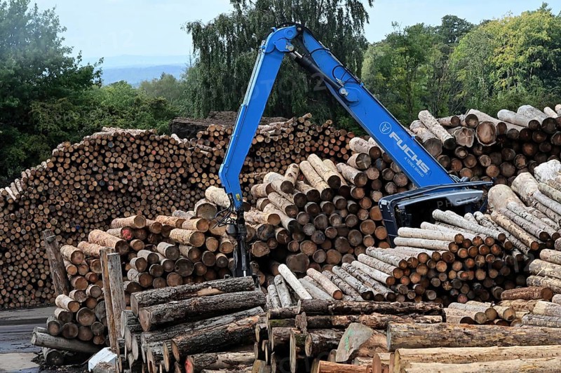 Wood storage and mechanical log transport on the premises of Energie-Mann in the Westerwald. Wood pellets are produced there