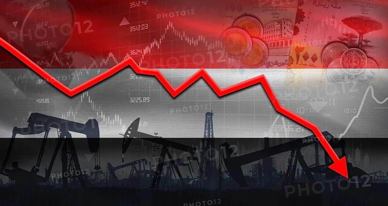 Fall oil price with flag of Yemen on economic chart, Petrol crisis with Yemen flag on financial graph