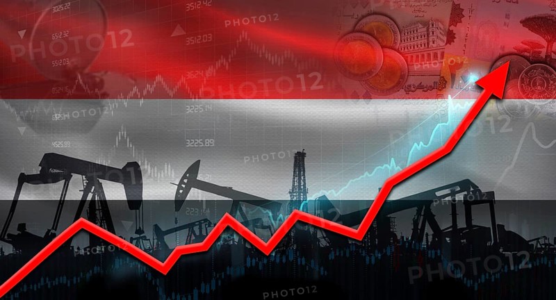 Oil pumps with Yemen flag. Oil production with Yemeni flag, petrol industry